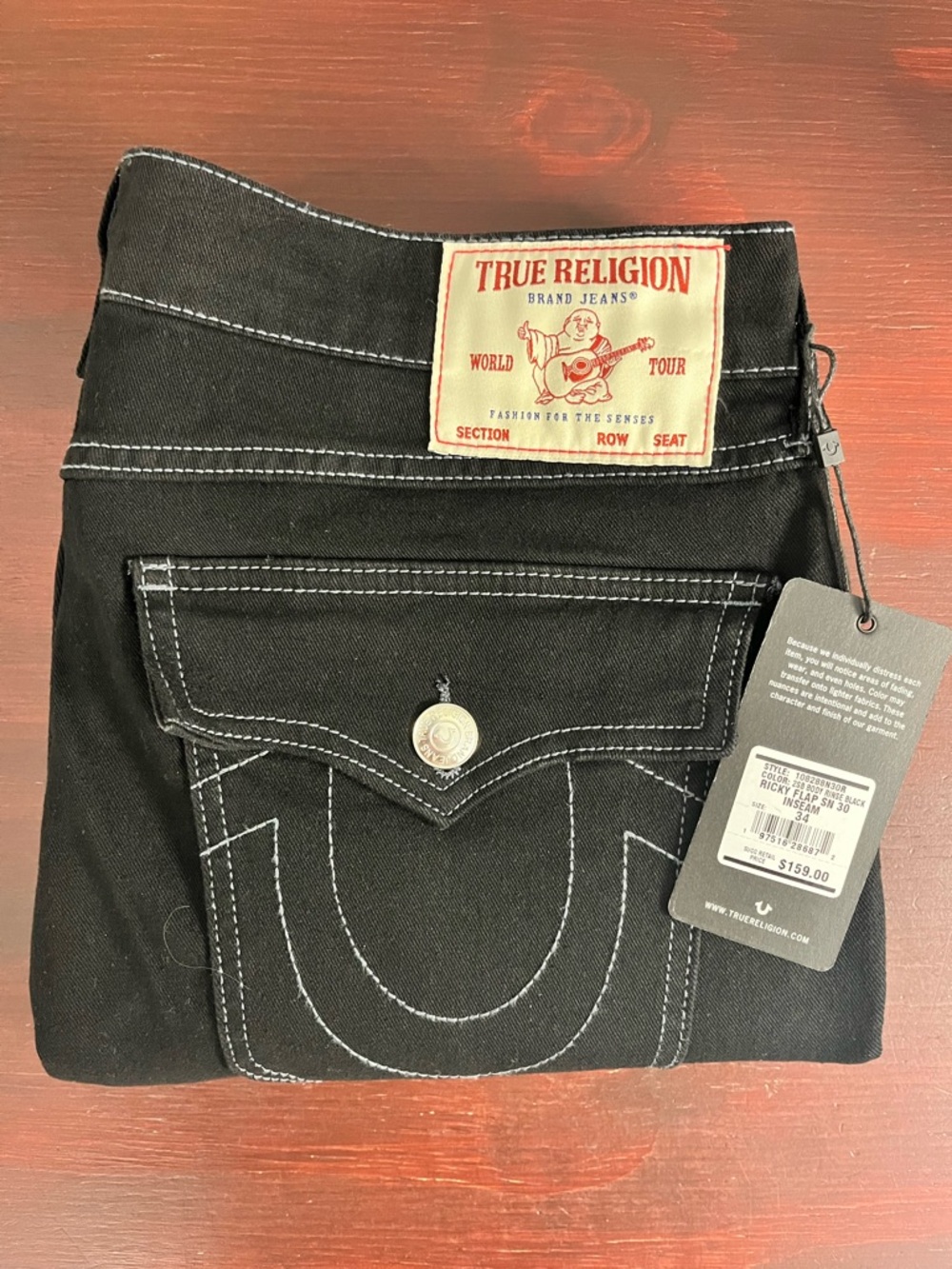 True Religion Ricky SN Flap Relaxed Straight Jeans Men’s 34 34x30 Black NWT